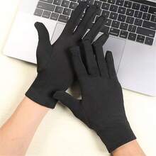 1 双男女款黑色纯色加厚氨纶手套，毛绒内衬，全指/全指，适合日常生活、户外运动、骑自行车、通勤、购物、散步、寒冷天气慢跑 - 黑色 - 查看 2