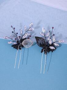 2pcs Boho Style Leaf Design Hair Clips, Bridal Wedding Headpiece, Party & Event Hair Accessories For Women - Black - View 4