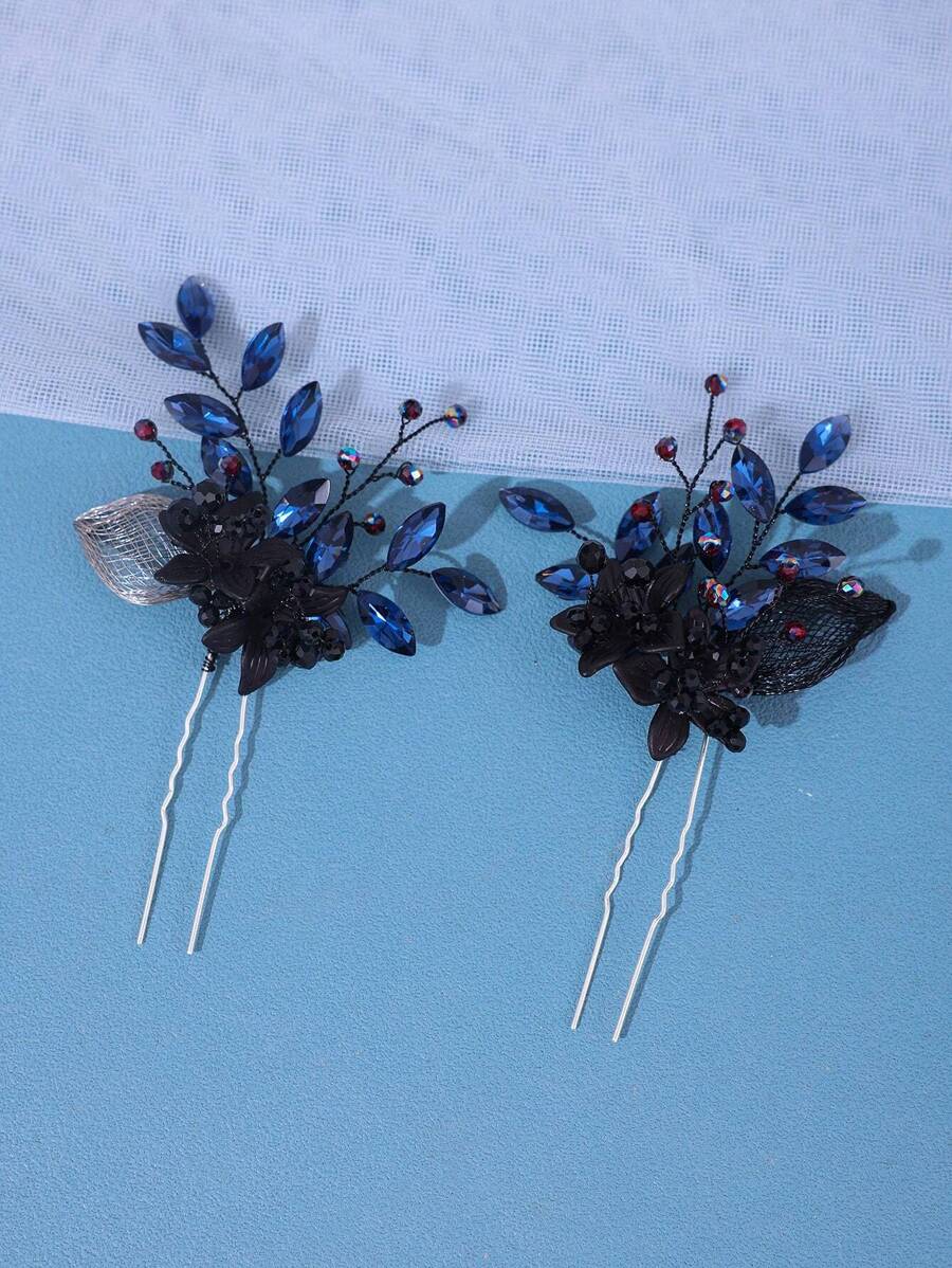 2pcs Boho Style Leaf Design Hair Clips, Bridal Wedding Headpiece, Party & Event Hair Accessories For Women - Black - View 1