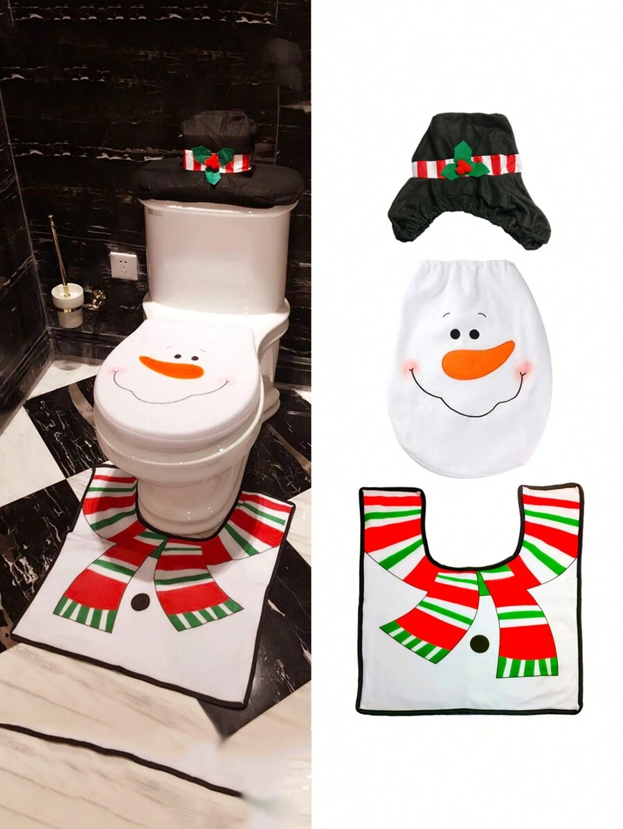 1入組聖誕節雪人設計馬桶墊,包括馬桶墊、地墊、水箱墊和紙巾盒套,家庭用品 - 彩色 - 查看 1