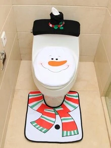 1入組聖誕節雪人設計馬桶墊,包括馬桶墊、地墊、水箱墊和紙巾盒套,家庭用品 - 彩色 - 查看 3