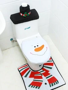 1入組聖誕節雪人設計馬桶墊,包括馬桶墊、地墊、水箱墊和紙巾盒套,家庭用品 - 彩色 - 查看 4