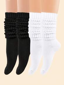 2 Pairs Women's Black & White Color Block Stylish Casual Socks, Suitable For Everyday Wear, Fall