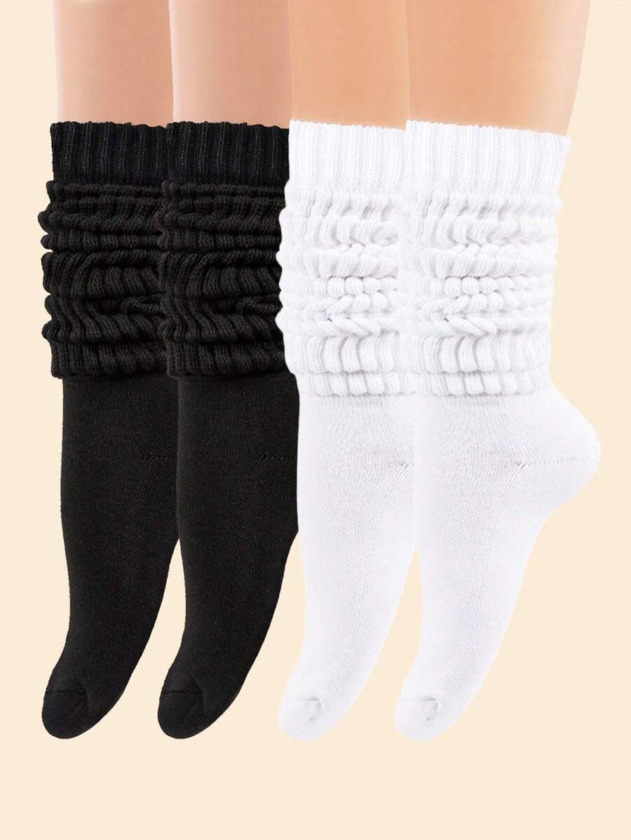 2 Pairs Women's Black & White Color Block Stylish Casual Socks, Suitable For Everyday Wear, Fall