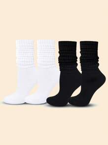 2 Pairs Women's Black & White Color Block Stylish Casual Socks, Suitable For Everyday Wear, Fall
