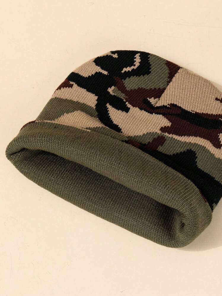 1入隨機切割綠色迷彩印花針織帽,適合男女童,薄而暖,適合秋冬戶外運動和日常穿著 - 彩色 - 查看 4