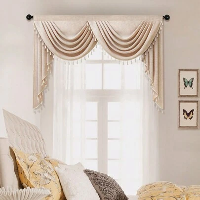 1pc Solid Color Woven Window Curtain, Modern Minimalist Style With Polyester Fiber Material And Tassel Lace Border, Suitable For Living Room, Bedroom, Window And Door Decoration