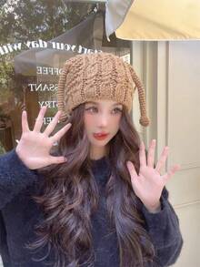 1入組女士可愛有趣針織毛線帽,有辮狀觸角,溫暖而厚實,適合小臉型