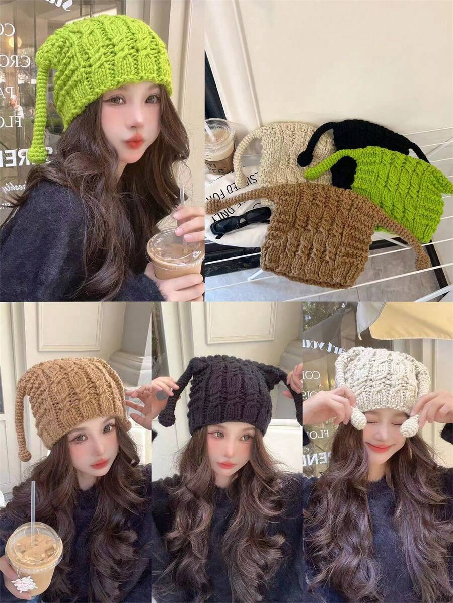 1入組女士可愛有趣針織毛線帽,有辮狀觸角,溫暖而厚實,適合小臉型