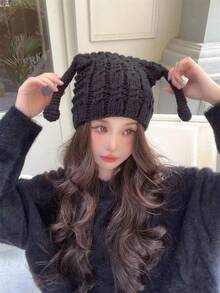 1入組女士可愛有趣針織毛線帽,有辮狀觸角,溫暖而厚實,適合小臉型