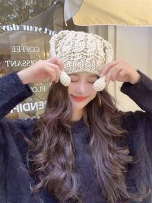 1入組女士可愛有趣針織毛線帽,有辮狀觸角,溫暖而厚實,適合小臉型
