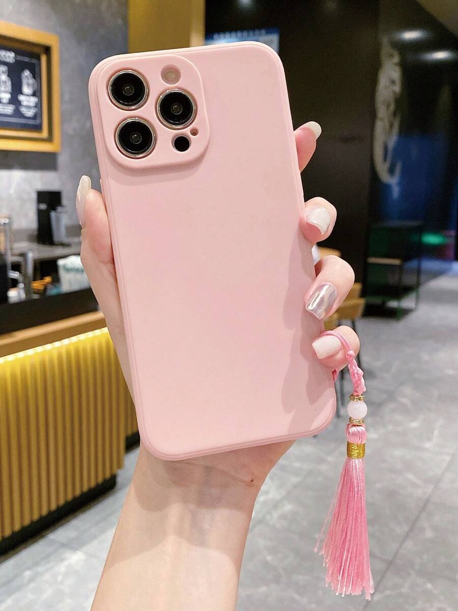 1條白色珍珠和粉色編織流蘇掛件手鍊+淺粉色直邊材質手機殼,適用於apple/samsung/xiaomi/vivo/oppo A16等手機