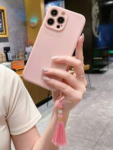 1條白色珍珠和粉色編織流蘇掛件手鍊+淺粉色直邊材質手機殼,適用於apple/samsung/xiaomi/vivo/oppo A16等手機
