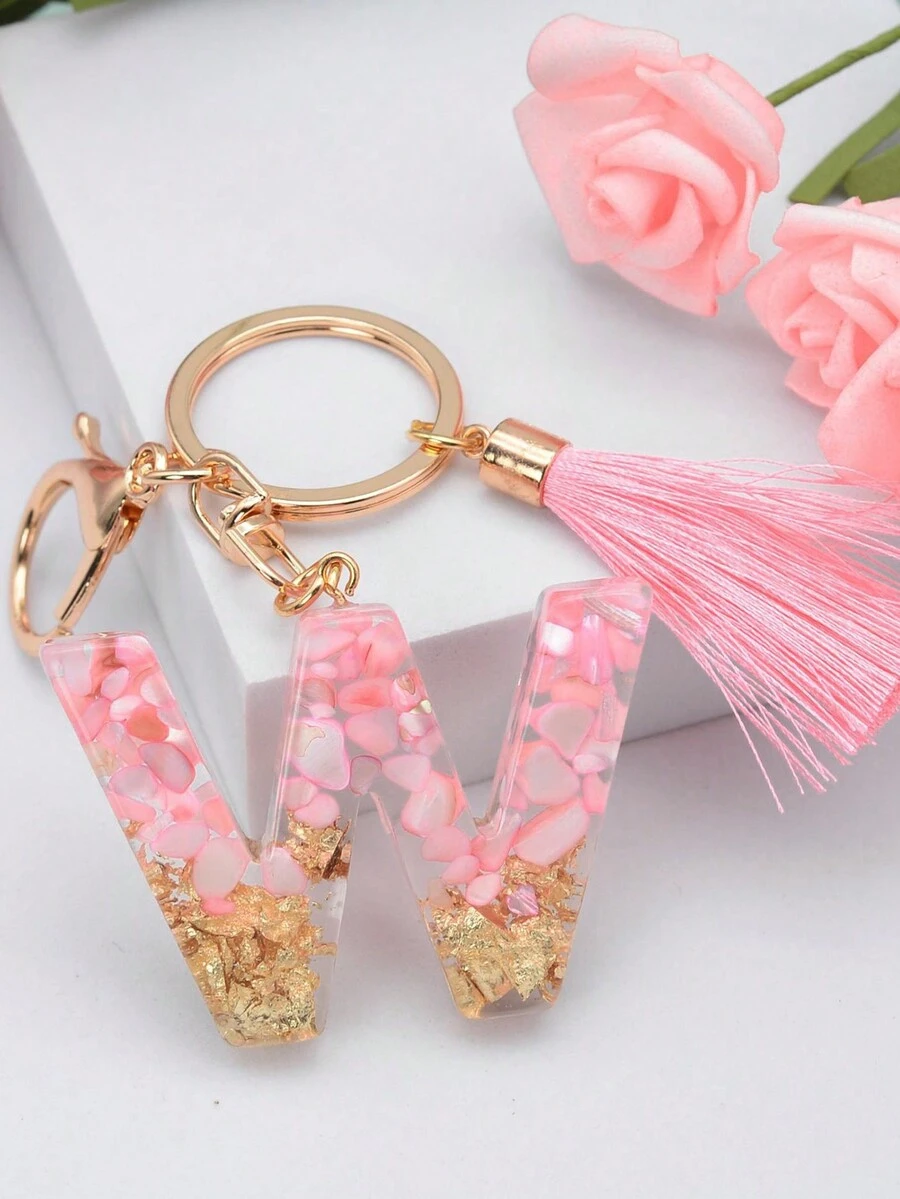 1入女性粉色閃爍流蘇樹脂鑰匙扣,印有大寫字母'w',可當作包裝飾或情侶鑰匙扣 - 粉色 - 查看 1
