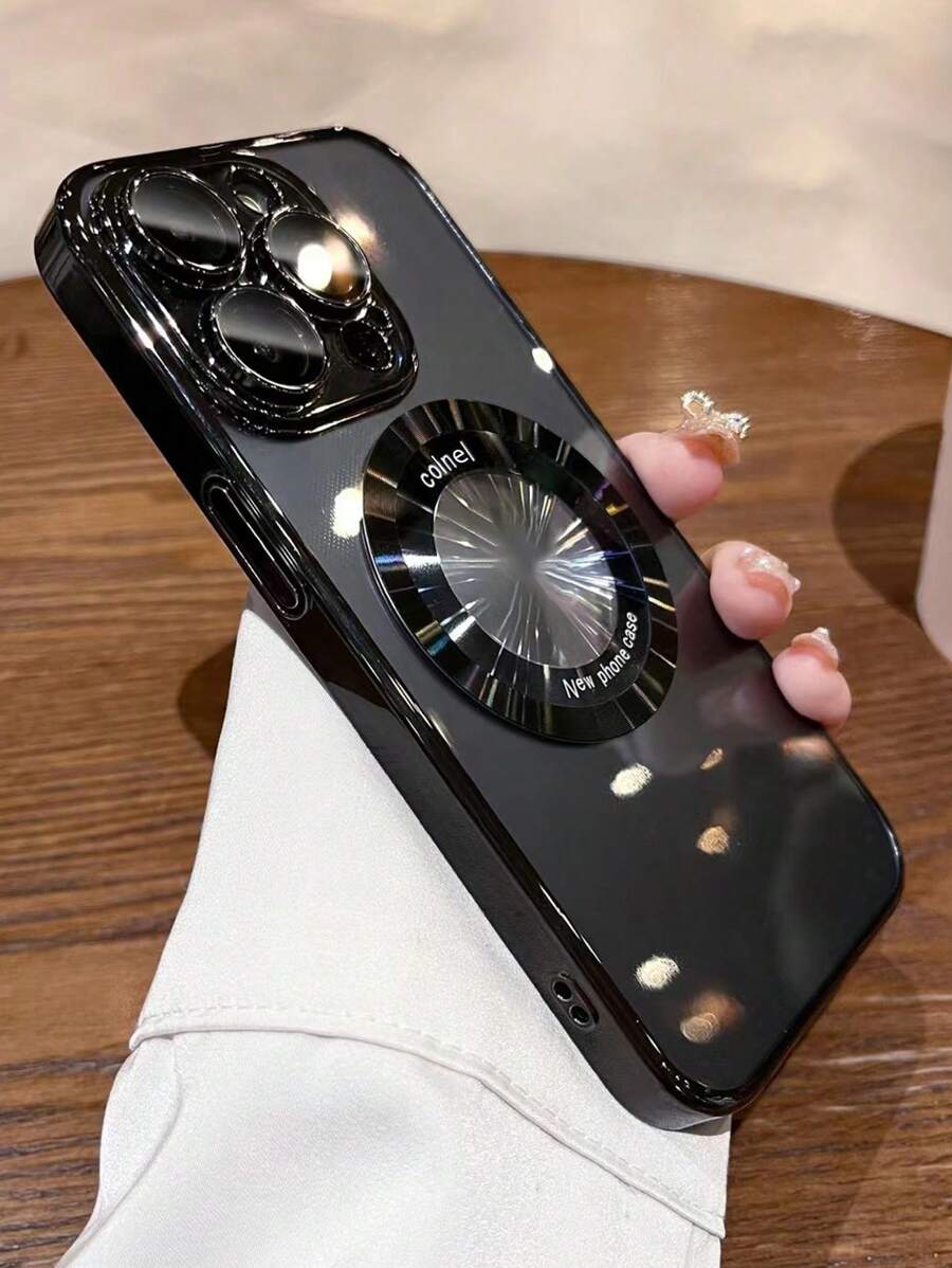 1PC Metal Magnetic Adsorption Phone Case With Green Electroplating Frame, Compatible With IPhone 11/12 Pro Max, 13/14/15 Pro Max Series - Black - View 1