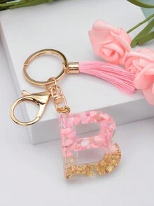 1入裝女士粉色閃閃發光流蘇樹脂鑰匙扣,首字母為b,可插在手提包上,也可作為情侶鑰匙扣 - 粉色 - 查看 4