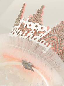 1套(1入)杏色公主頭紗皇冠髮箍,適用於女孩生日派對,可愛的3d皇冠網布髮飾