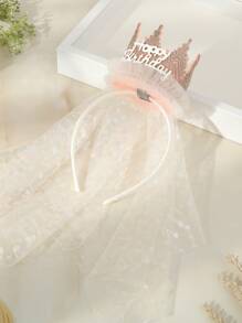 1套(1入)杏色公主頭紗皇冠髮箍,適用於女孩生日派對,可愛的3d皇冠網布髮飾