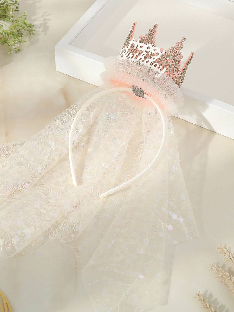 1套(1入)杏色公主頭紗皇冠髮箍,適用於女孩生日派對,可愛的3d皇冠網布髮飾