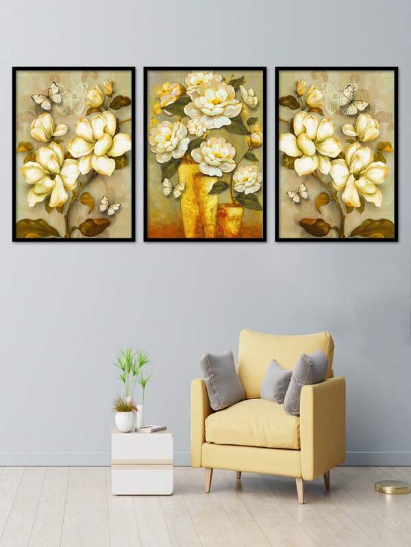 3 Panels Abstract Floral Unframed Painting, Vintage Style Polyester Fiber Green & Orange Rectangle Vase, Plant, Leaf & Butterfly Art Print For Home (living Room, Bedroom, Study Room) Decor