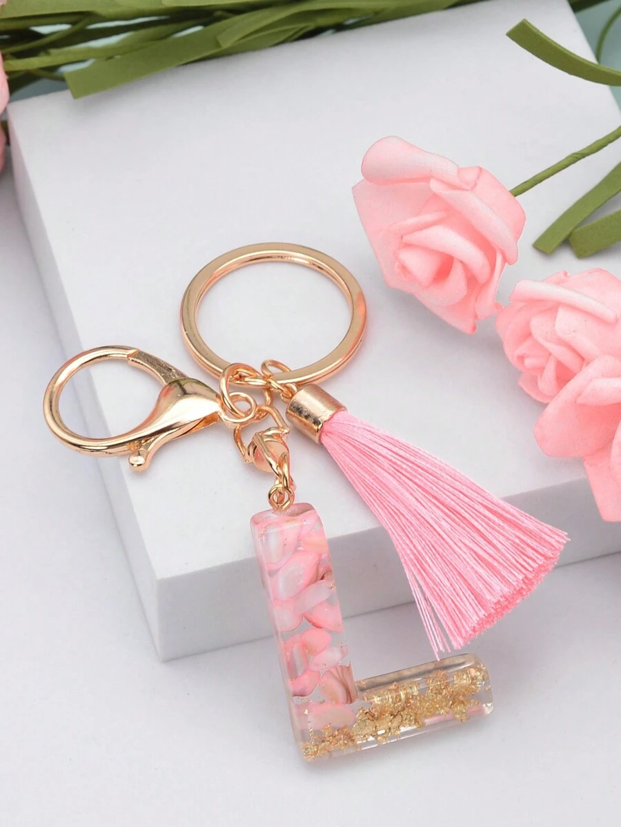 1pc Women's Pink Glitter Fringe L Letter Keychain With Resin Handbag Charm, Couple Keyring Accessory - Pink - View 1