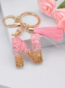 1個女士樹脂手提包配件,具粉紅色閃粉帶、流蘇和大寫字母'n'形狀的情侶鑰匙扣 - 粉色 - 查看 4