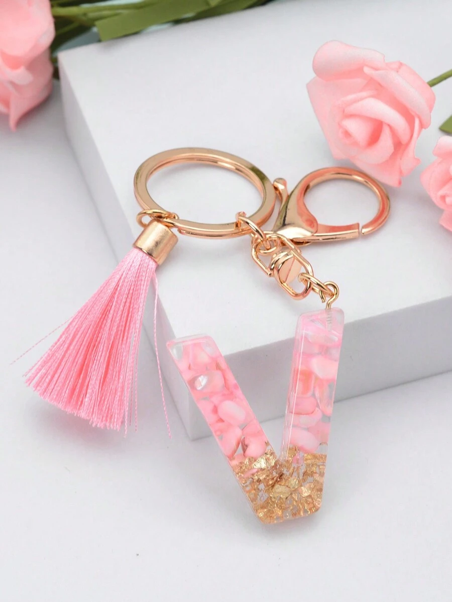 1 件女式粉色閃光流蘇鑰匙扣帶樹脂手提包吊飾和大寫英文字母 V,也適合情侶鑰匙扣 - 粉色 - 查看 1