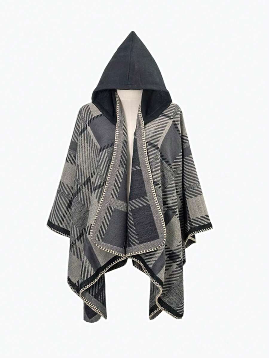 1 件套女式連帽斗篷披肩圍巾套裝秋冬新款 - 黑色 - 查看 1