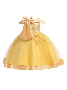 Vestido de tule com alças finas e renda de cetim e malha de cor sólida com decoração de laço, vestido formal elegante adequado para festa de aniversário, não inclui acessórios para cabelo