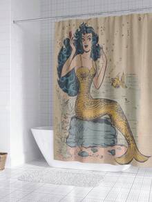 1入組卡通風景和美人魚圖案印花淋浴簾 - 彩色 - 查看 1