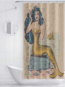 1入組卡通風景和美人魚圖案印花淋浴簾 - 彩色 - 查看 4