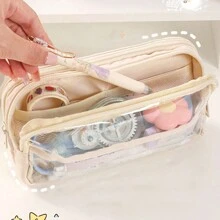 3 Layers High Capacity Transparent Pencil Case For Girls And Students, Minimalist Stationery Storage Bag - Purple - View 4