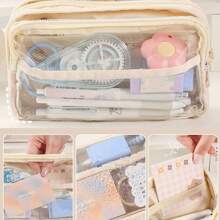 3 Layers High Capacity Transparent Pencil Case For Girls And Students, Minimalist Stationery Storage Bag - Purple - View 6