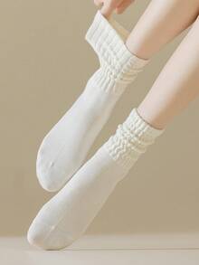 1 Par De Calcetines Blancos De Mujer De Color Puro, Casuales Y Sencillos Calcetines Suaves Con Volantes Hasta La Pantorrilla - Blanco - Ver 2