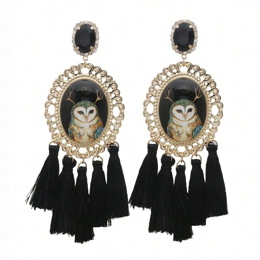 1雙新款哥特式骷髏頭&長流蘇綠色懸垂耳環,迷人&時尚女性首飾類適用於旅行&派對