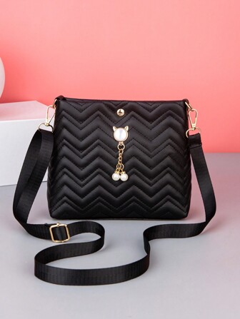 New Fashion Wave Pattern Stitched Faux Pearl Decor Women Shoulder Bag, Crossbody Bag, Bucket Bag, Small Square Bag With Adjustable Strap For Daily Wear