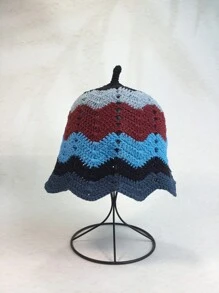 1pc Women's Crochet Hollow Out Flower Design Dopamine Color Hat With Personalized Striped & Lace Detail Bucket Hat, Korean Style Sweet Street Fashion Accessory - Multicolor - View 6