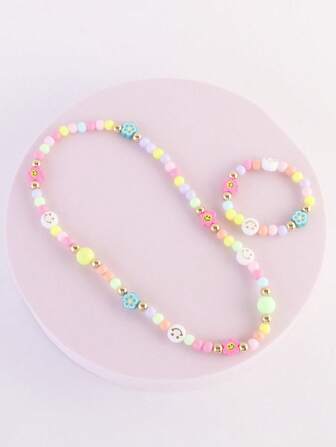 Fashionable And Adorable Kids' Acrylic Beaded Bracelet And Necklace Set With Polymer Clay Flowers And Faces Perfectly Combined
