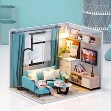 1套裝DIY身臨其境微型娃娃屋成套工具,1:24木頭手工製作屋套件適用於成年人,迷你客廳帶微小家具和LED,3D屋拼圖模型建築套件,生日禮物適用於朋友們,情人,兒童 - 藍色 - 查看 2
