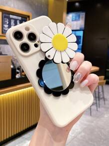 1pc White Daisy Rotating Mirror + Antique White Rubix Cube Phone Case (straight Edge) Compatible With Apple/samsung/xiaomi/redmi/vivo - Beige - View 3