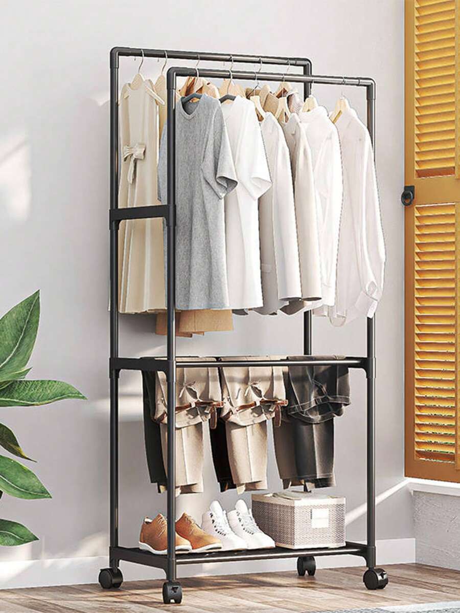 2-tier Black Rolling Standing Coat Rack, Simple Garment Hat Rack For ...