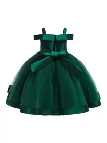 Váy lưới nơ hoa không tay thanh lịch cho bé gái, thích hợp cho tiệc sinh nhật, không bao gồm băng đô - Màu xanh lá cây đậm - Xem 3