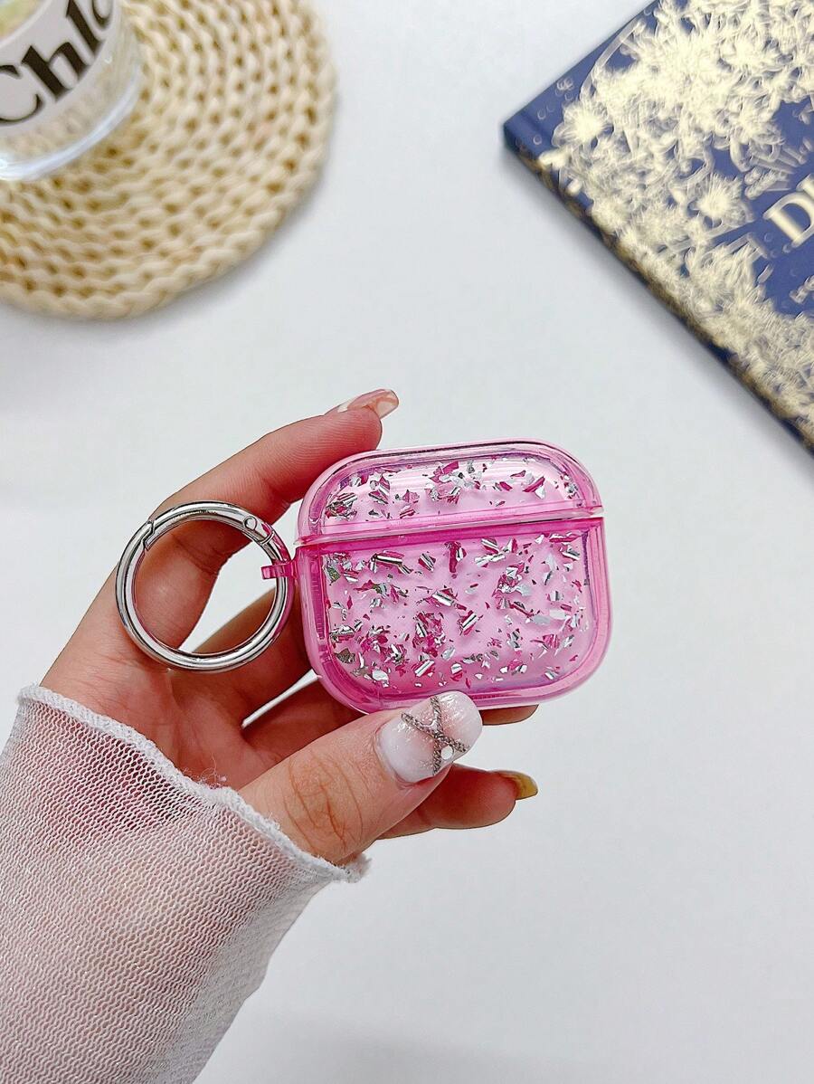 1pc Multicolor Liquid Glitter & Silver Foil Design Earphone Case Compatible With Apple Earphone - Pink - View 1