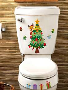 1 件聖誕廁所貼紙,聖誕樹麋鹿圖案,聖誕樹馬桶蓋貼紙,可拆卸聖誕裝飾貼紙,聖誕裝飾,浴室配件 - 綠色 - 查看 4