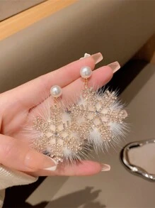 聖誕元素耳環和耳飾,質感氛圍適合圓臉,仿珍珠誇張雪花2023新款式 - 金色 - 查看 1