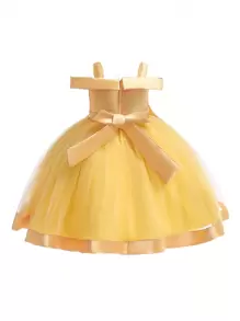 Vestido de tule com alças finas e renda de cetim e malha de cor sólida com decoração de laço, vestido formal elegante adequado para festa de aniversário, não inclui acessórios para cabelo