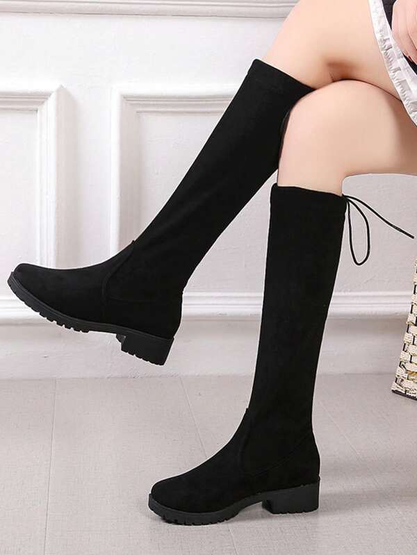 Women's Stretch Fabric Knee High Boots With Flat Heel, Anti-slip, Simple Style Black Boots, Versatile