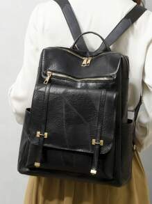 Balo đeo vai màu trơn cổ điển dùng cho cả nam và nữ, Balo đi học đại học nhiều ngăn bằng da PU, Balo đựng máy tính công sở dung tích lớn, Túi đeo vai du lịch ngoài trời dùng hàng ngày - màu đen - Xem 2