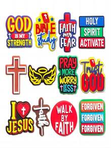 12 Stücke/Set Glaube inspirierende Phrasen Serie Schuh Charms DIY abnehmbare Sandalen Dekor Accessoires, Sandalen Pantoffeln - Verschiedenfarbig - Übersicht 1