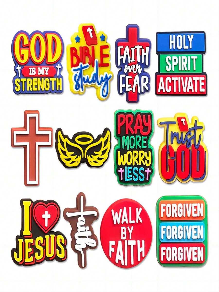 12 Stücke/Set Glaube inspirierende Phrasen Serie Schuh Charms DIY abnehmbare Sandalen Dekor Accessoires, Sandalen Pantoffeln - Verschiedenfarbig - Übersicht 1